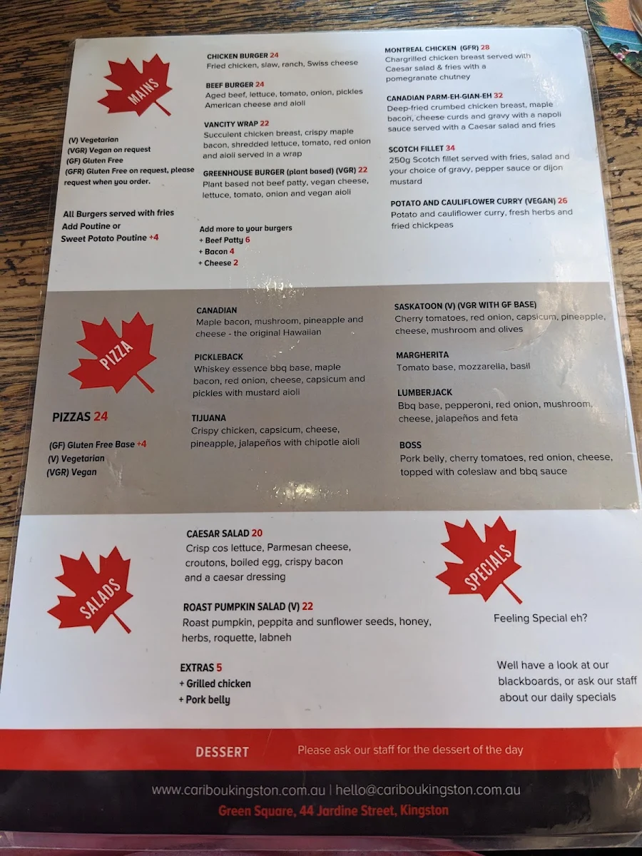 Menu, Caribou Kingston