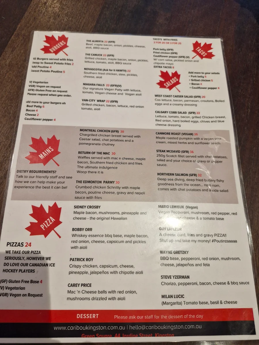 Menu, Caribou Kingston