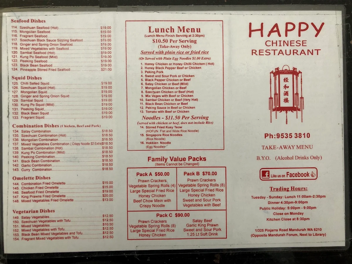 Menu, Happy Chinese Restaurant