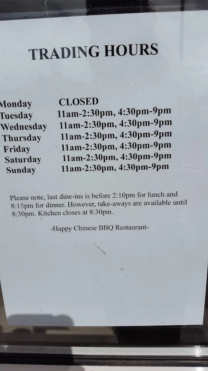 Menu, Happy Chinese Restaurant