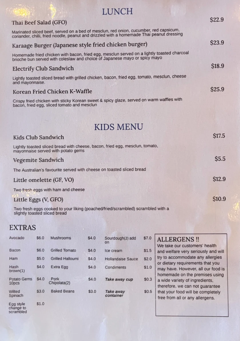 Menu, The Electric Bean Co