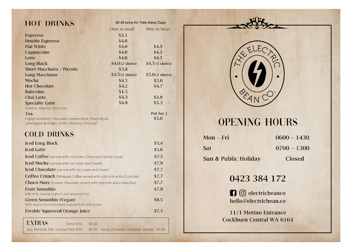 Menu, The Electric Bean Co
