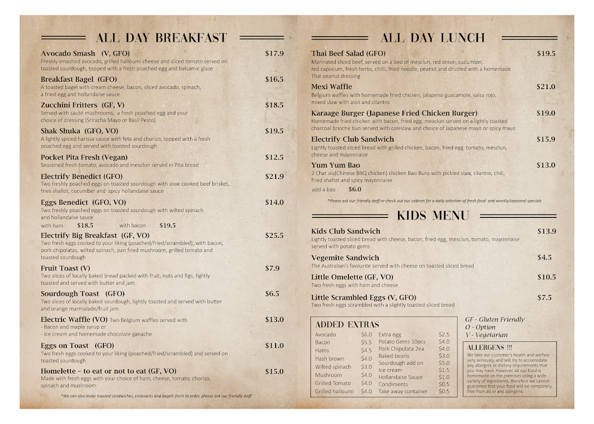 Menu, The Electric Bean Co