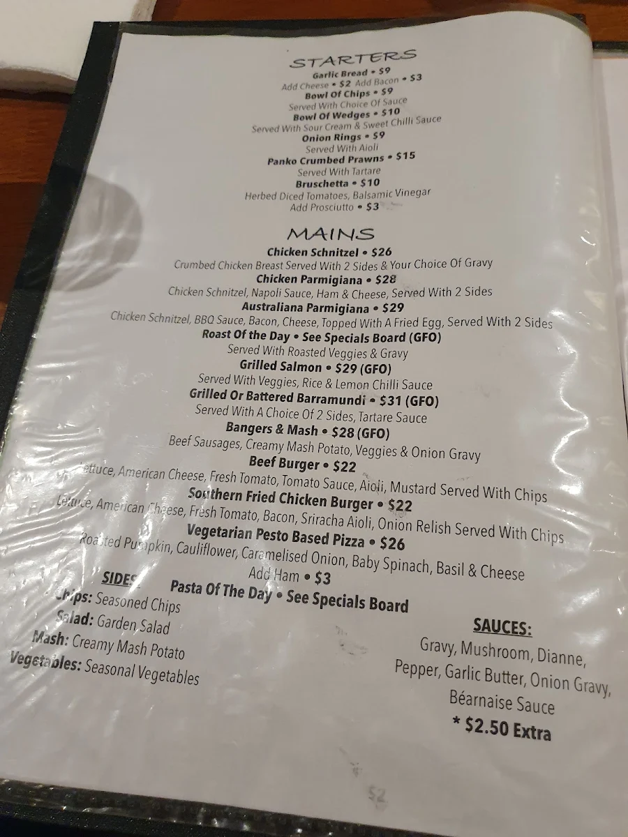 Menu, Hibernian Hotel Beechworth
