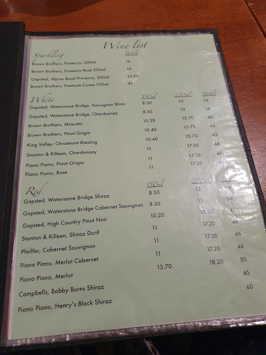 Menu, Hibernian Hotel Beechworth