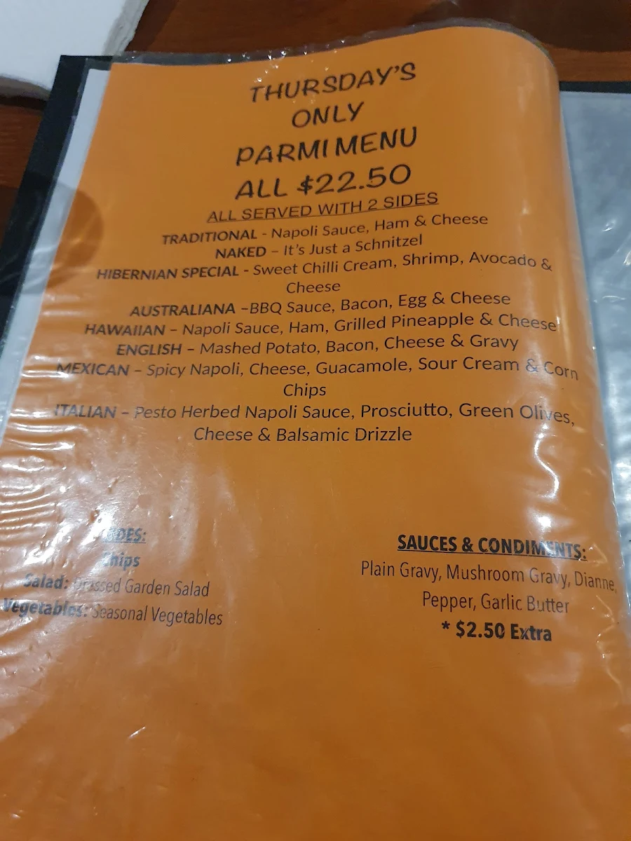 Menu, Hibernian Hotel Beechworth