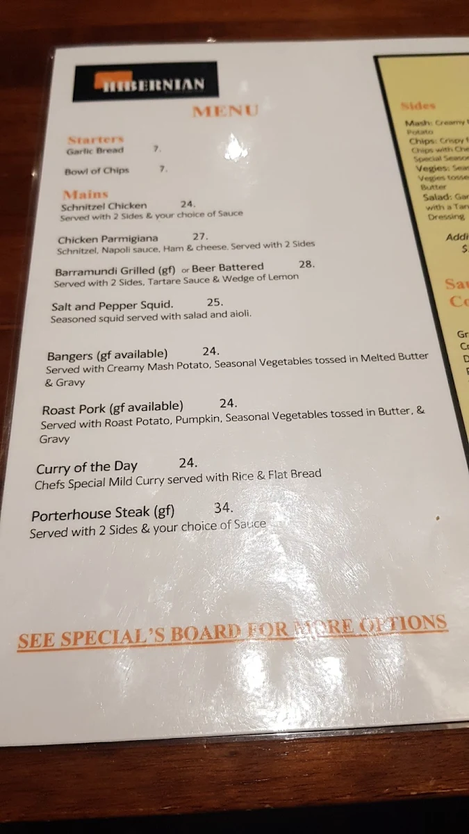 Menu, Hibernian Hotel Beechworth