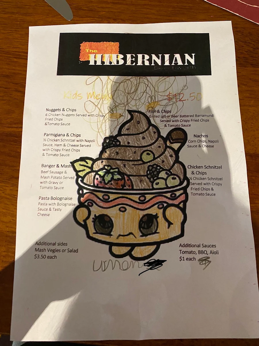 Menu, Hibernian Hotel Beechworth