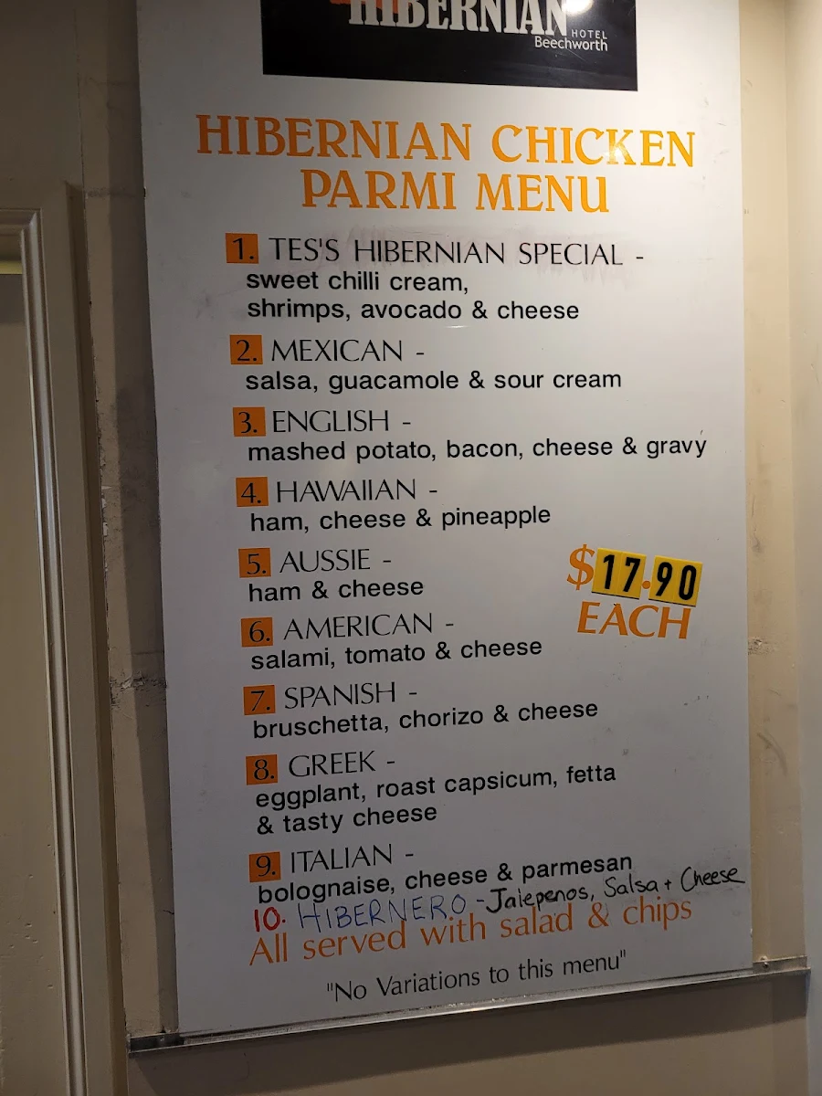 Menu, Hibernian Hotel Beechworth