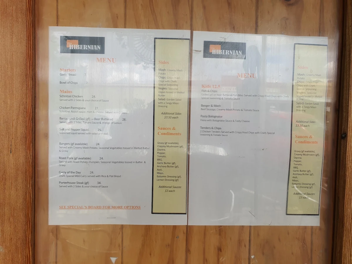 Menu, Hibernian Hotel Beechworth