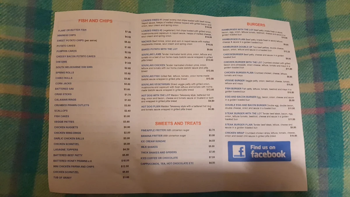 Menu, Maldon Takeaway