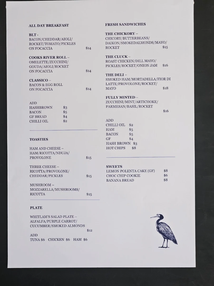 Menu, Cooks River Canteen