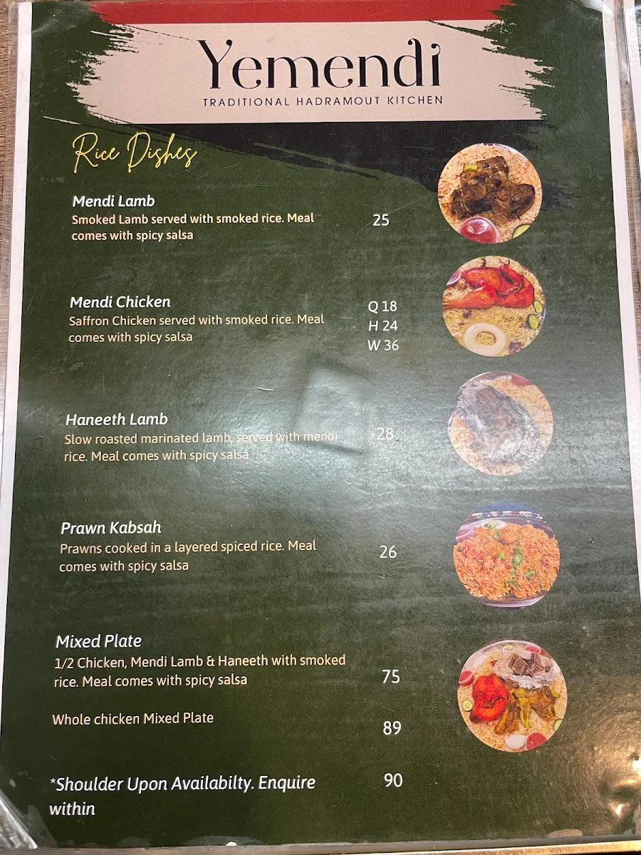 Menu, Yemendi Restaurant