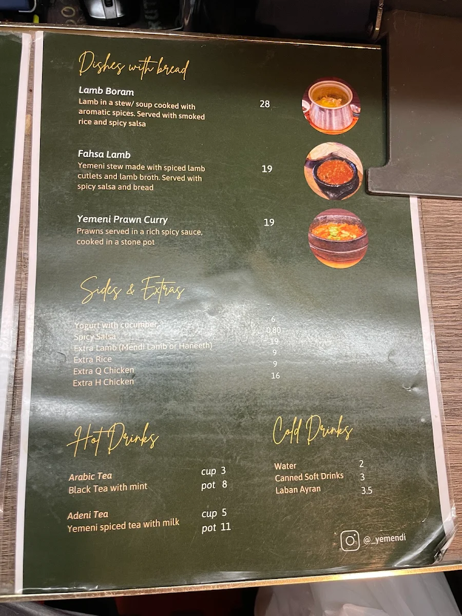 Menu, Yemendi Restaurant