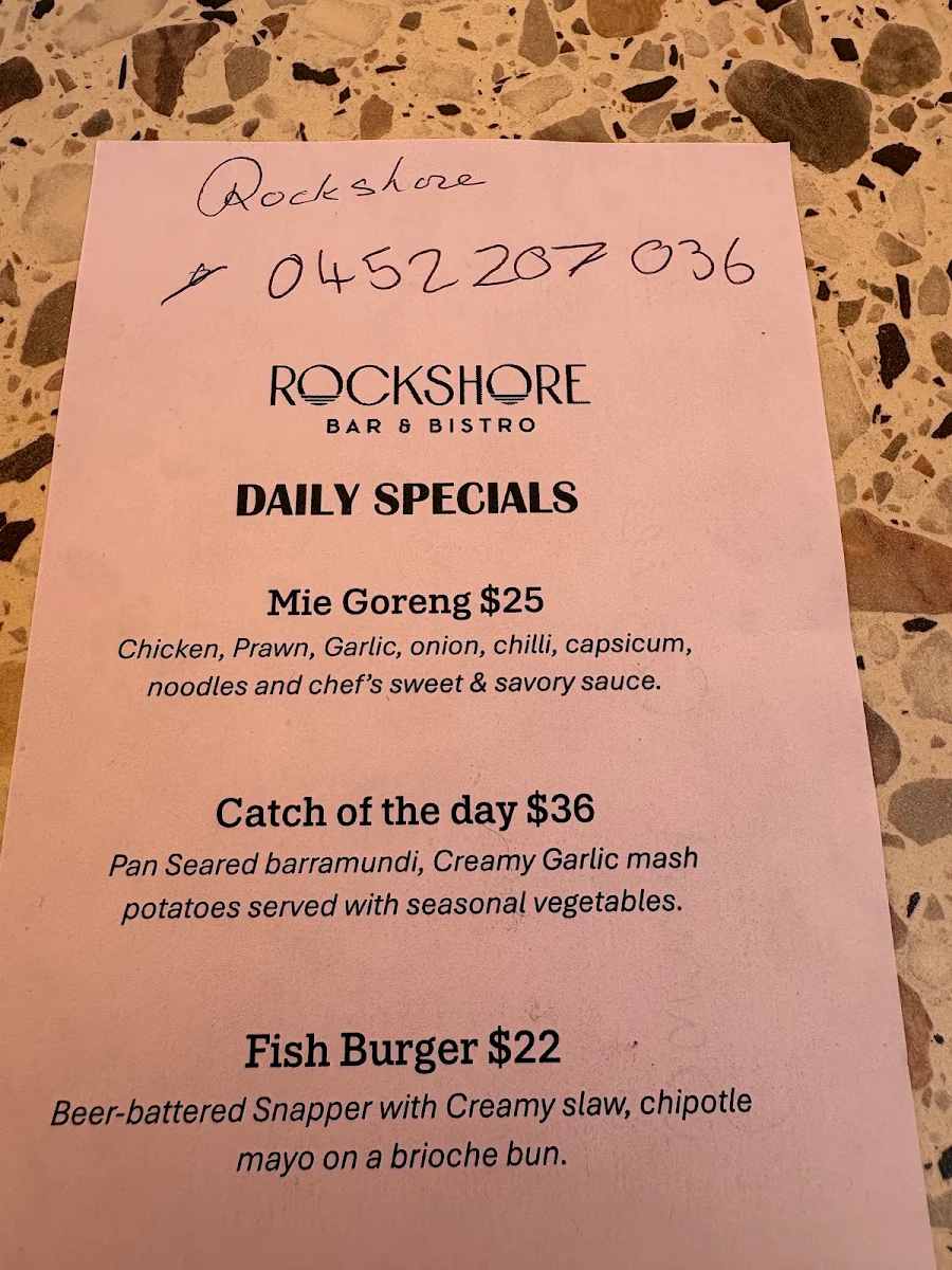 Menu, Rockshore Bar & Bistro - Rockingham