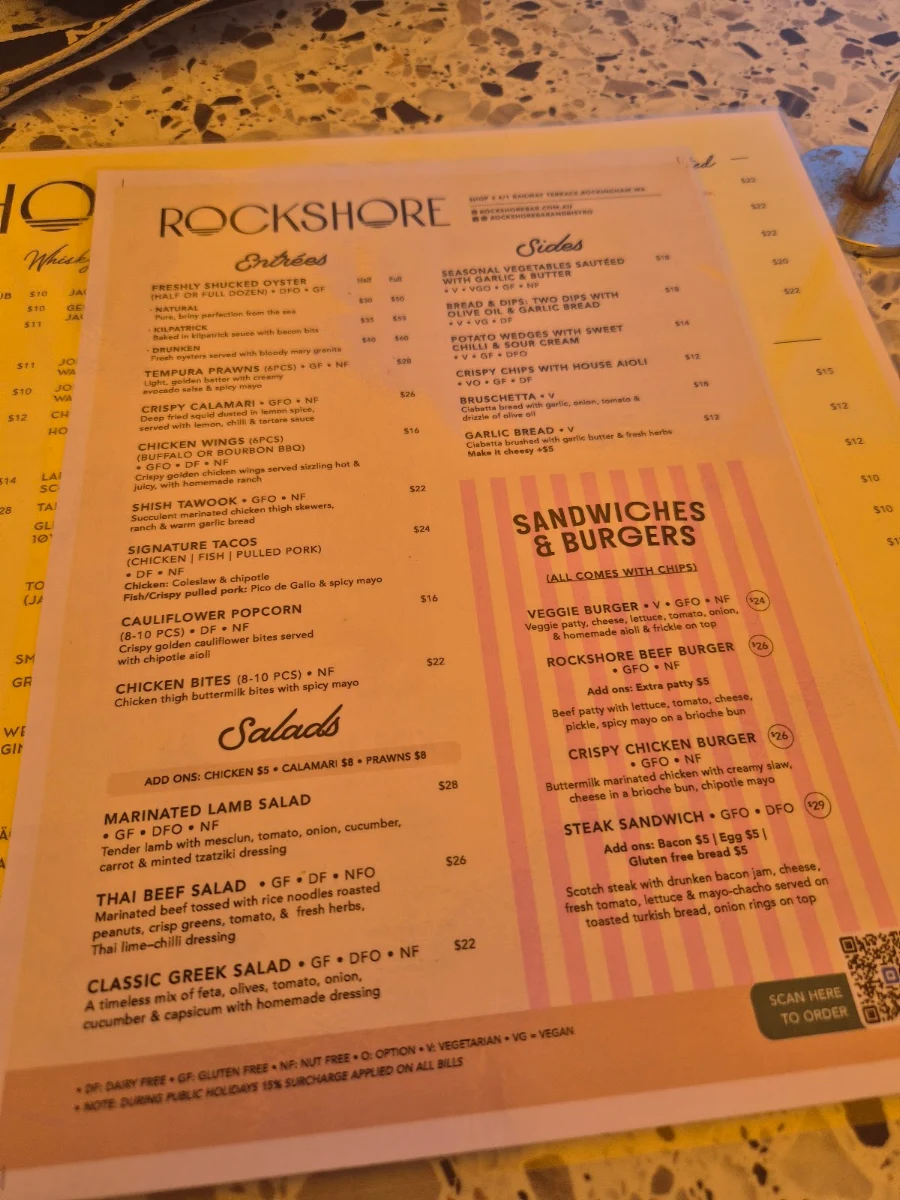 Menu, Rockshore Bar & Bistro - Rockingham