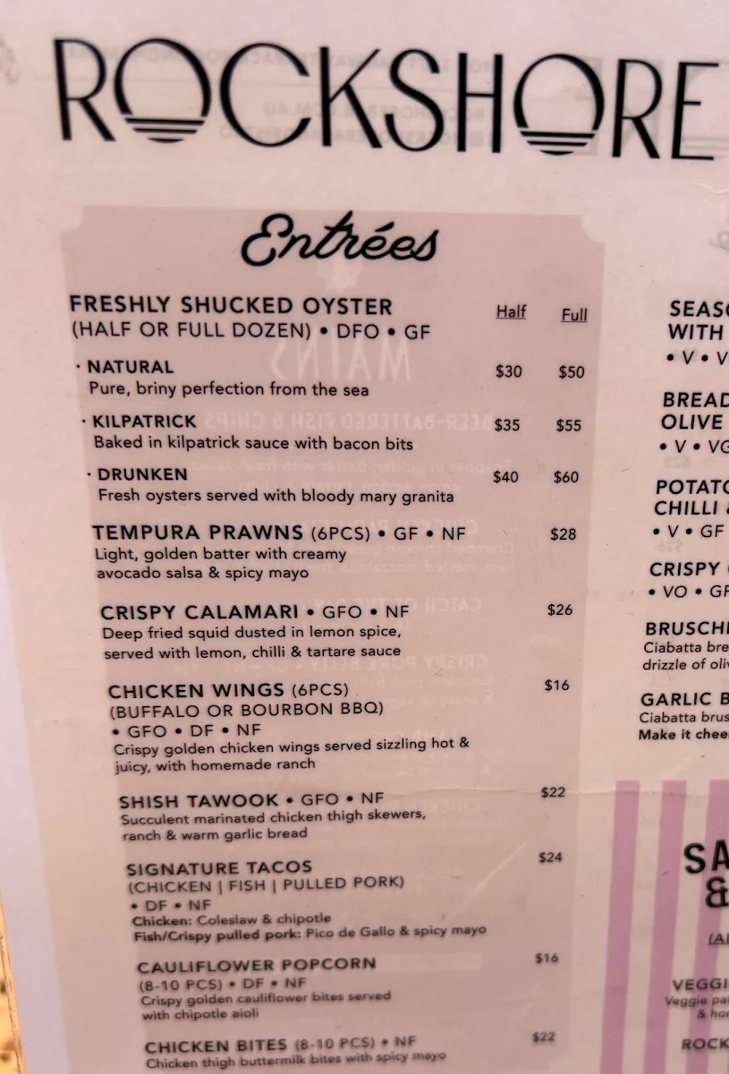 Menu, Rockshore Bar & Bistro - Rockingham