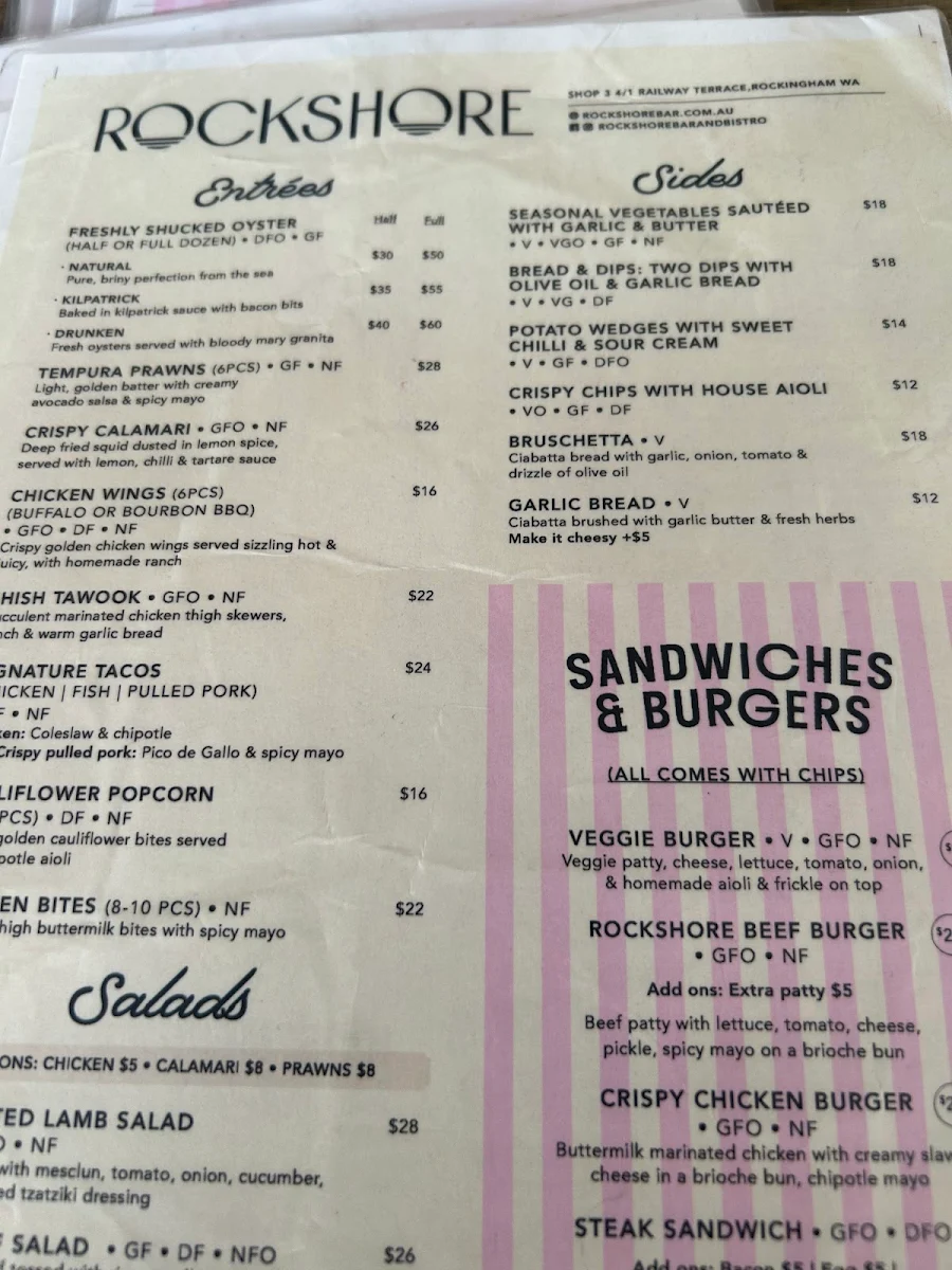 Menu, Rockshore Bar & Bistro - Rockingham