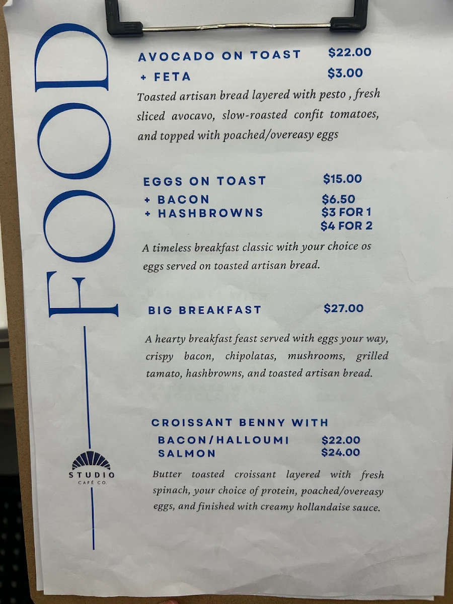 Menu, STUDIO Cafe Co.