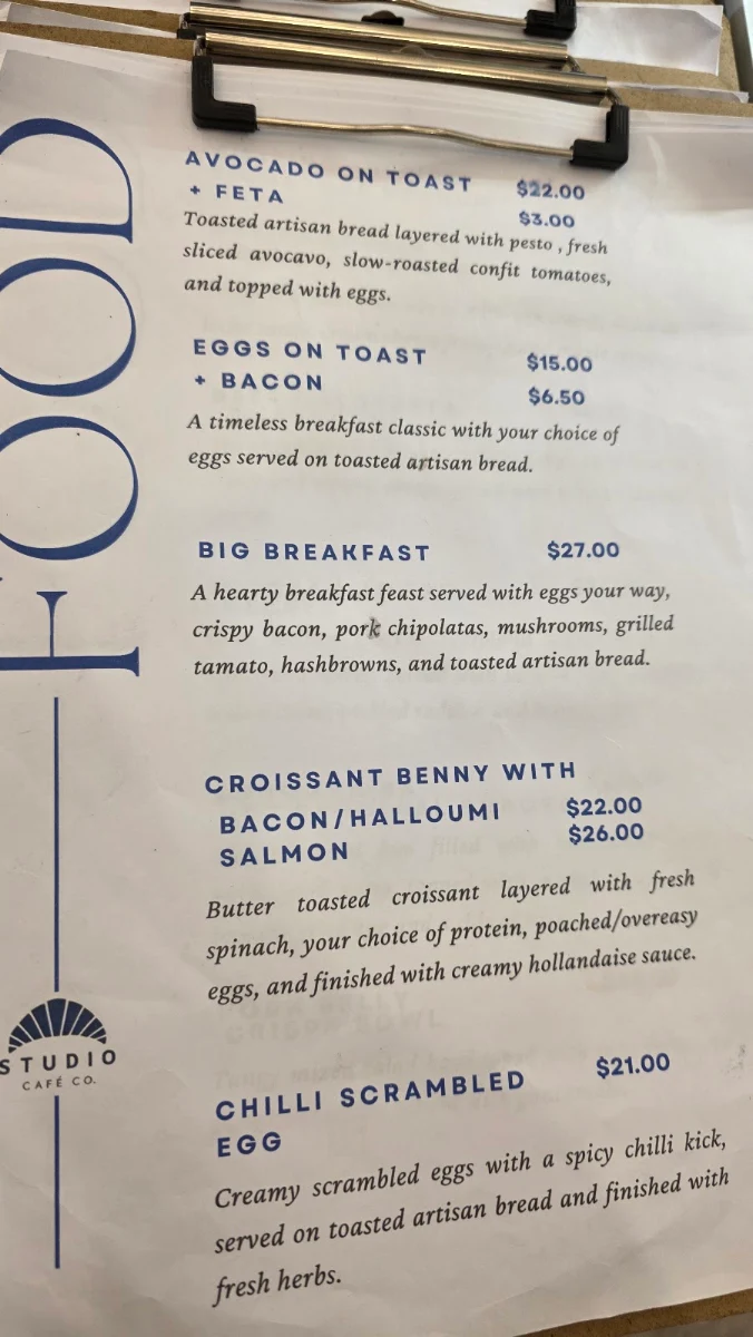 Menu, STUDIO Cafe Co.