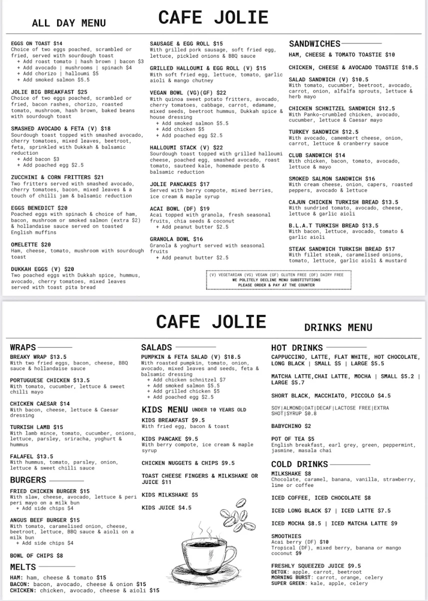 Menu, Cafe Jolie