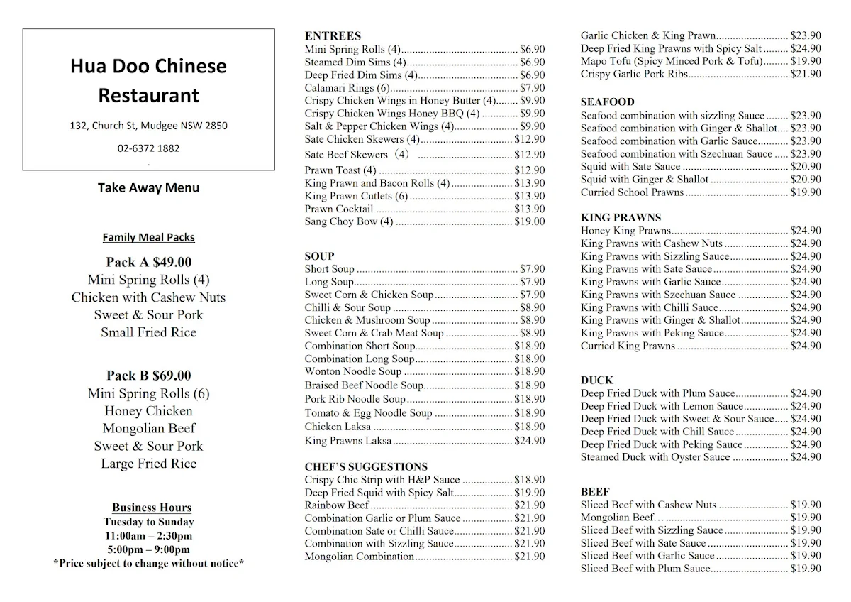 Menu, Hua Doo Chinese Restaurant