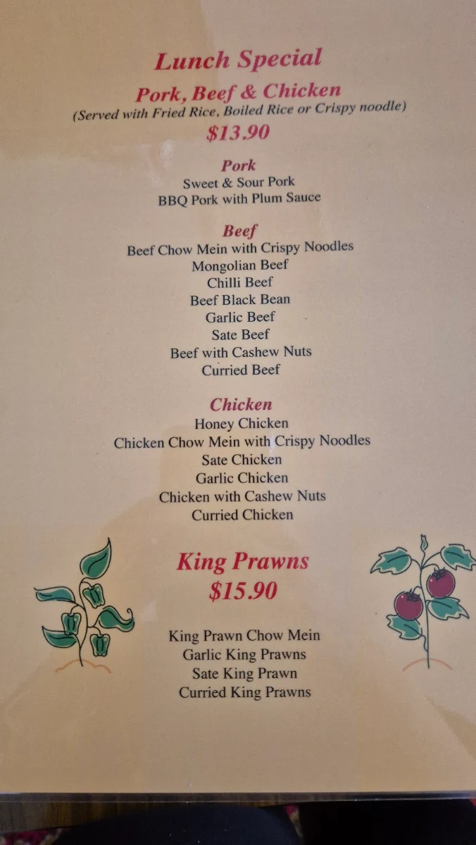 Menu, Hua Doo Chinese Restaurant