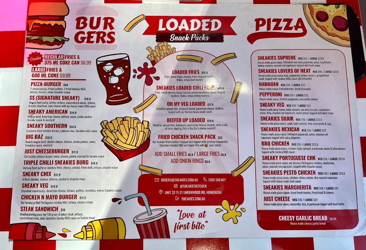 Menu, Sneakies kitchen
