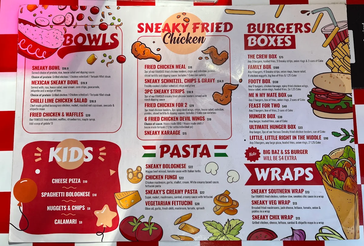 Menu, Sneakies kitchen