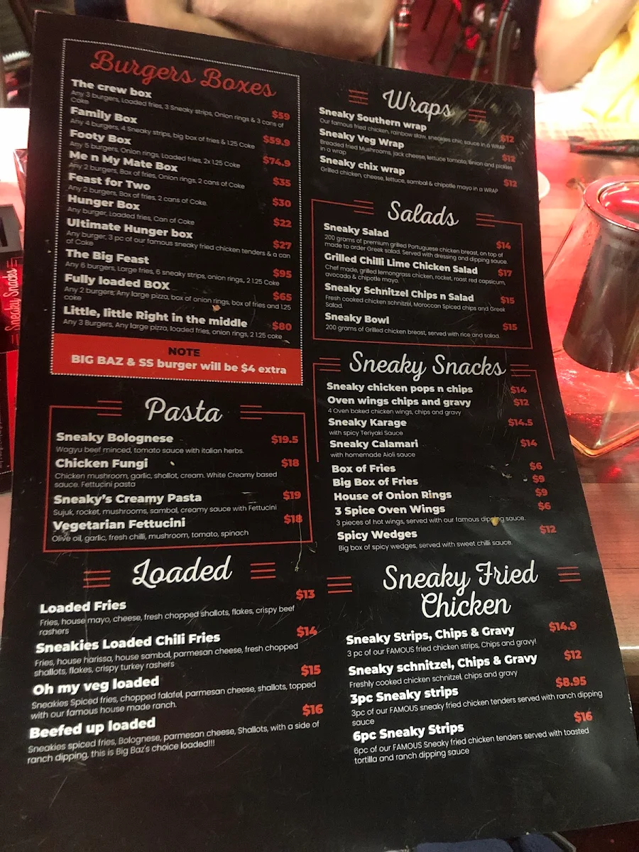 Menu, Sneakies kitchen