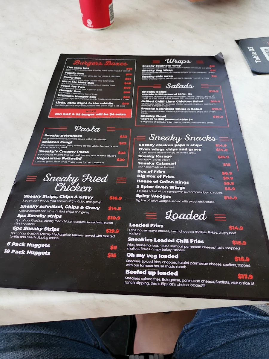 Menu, Sneakies kitchen