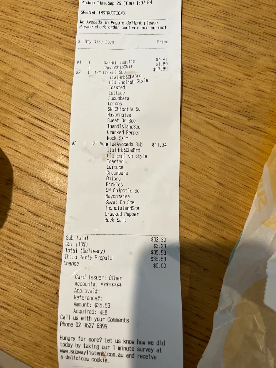 Menu, Subway