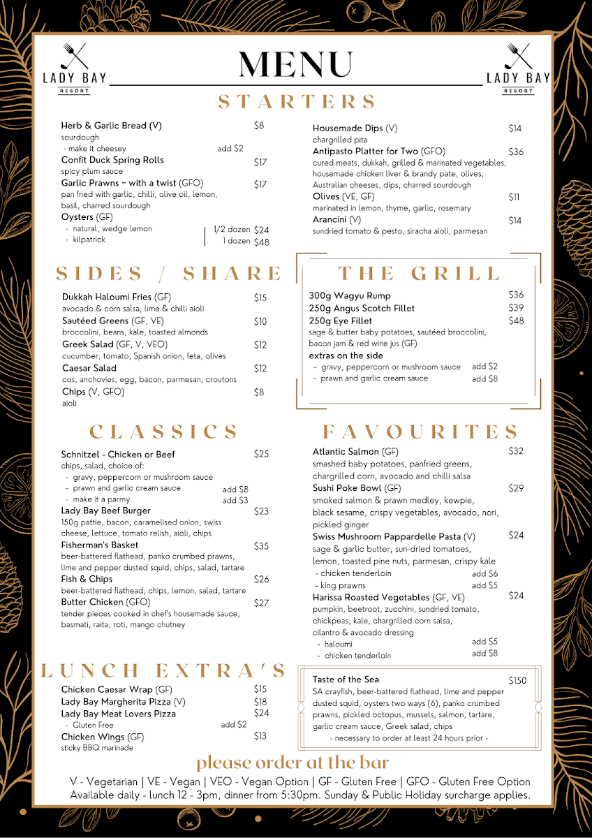 Menu, Lady Bay Resort Bar & Restaurant