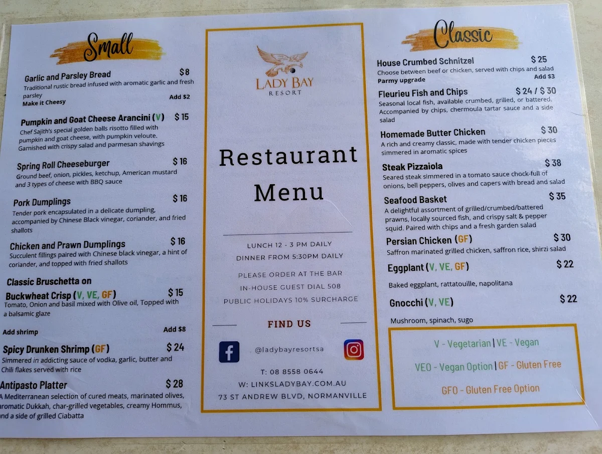 Menu, Lady Bay Resort Bar & Restaurant