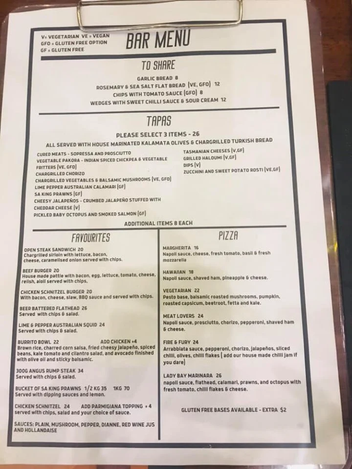 Menu, Lady Bay Resort Bar & Restaurant