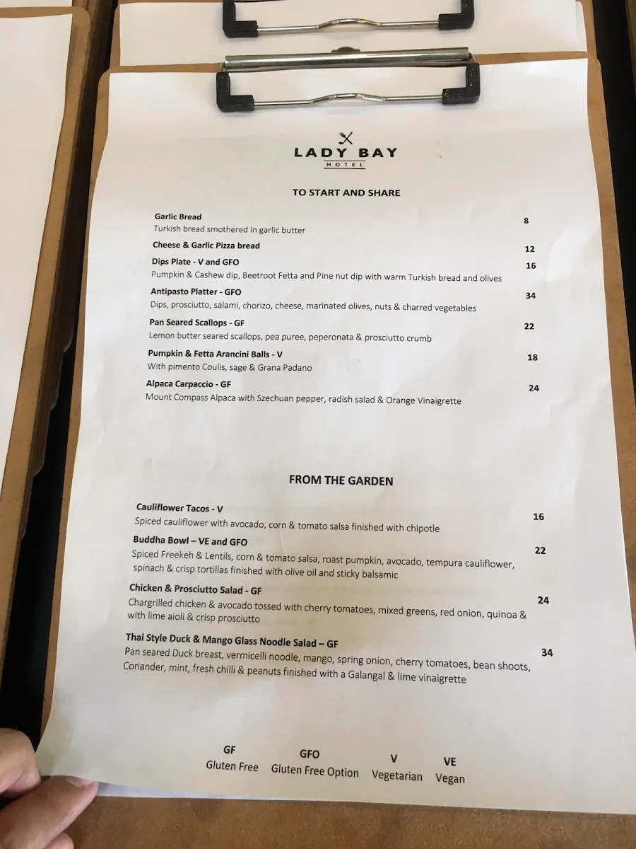 Menu, Lady Bay Resort Bar & Restaurant