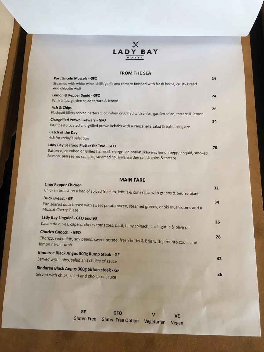 Menu, Lady Bay Resort Bar & Restaurant