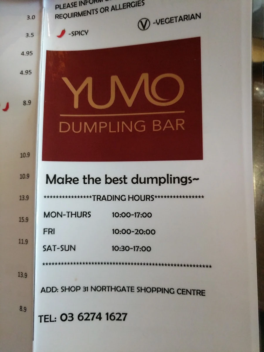 Menu, Yumo Dumpling Bar