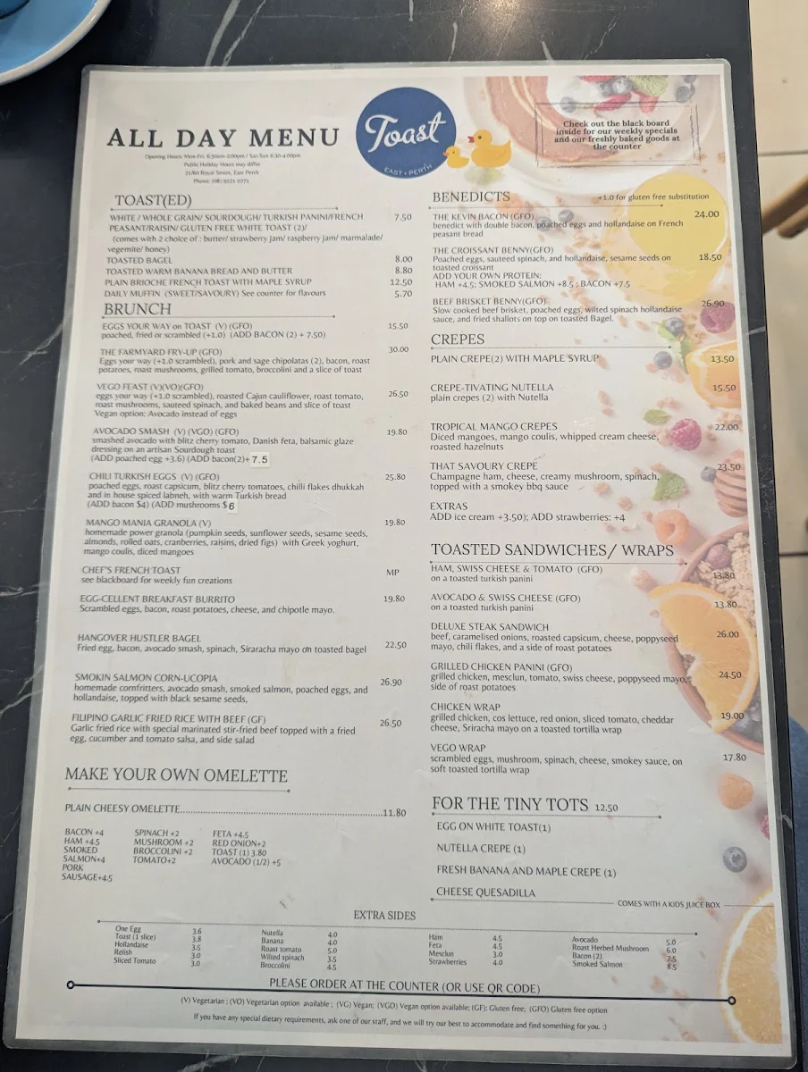 Menu, Toast Cafe