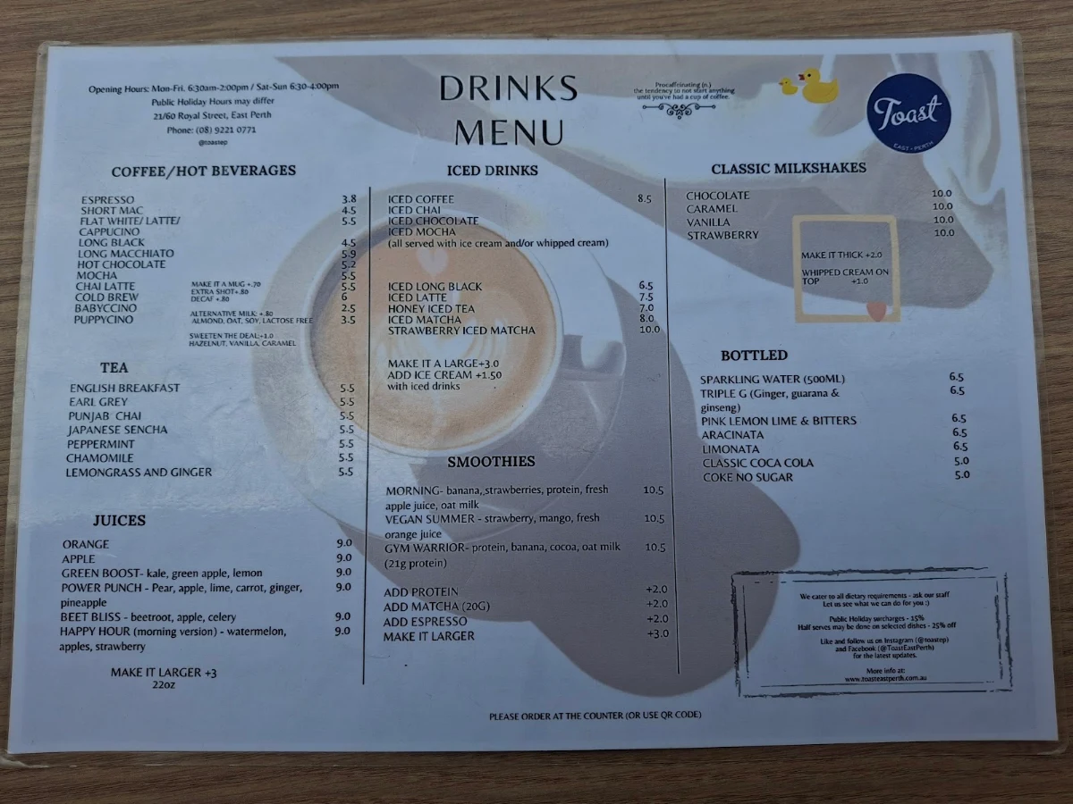 Menu, Toast Cafe
