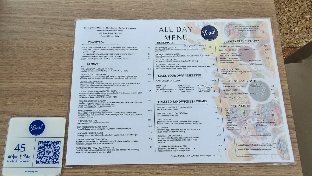 Menu, Toast Cafe