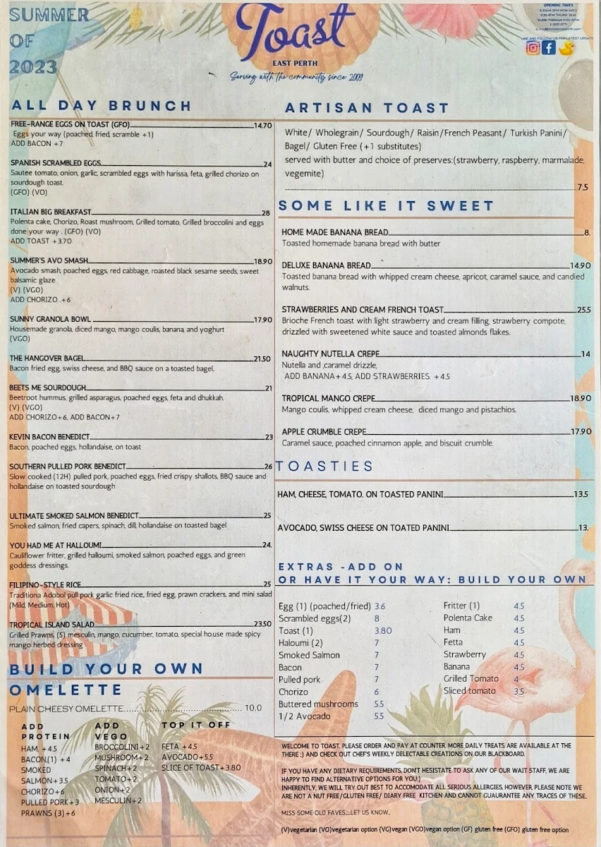 Menu, Toast Cafe