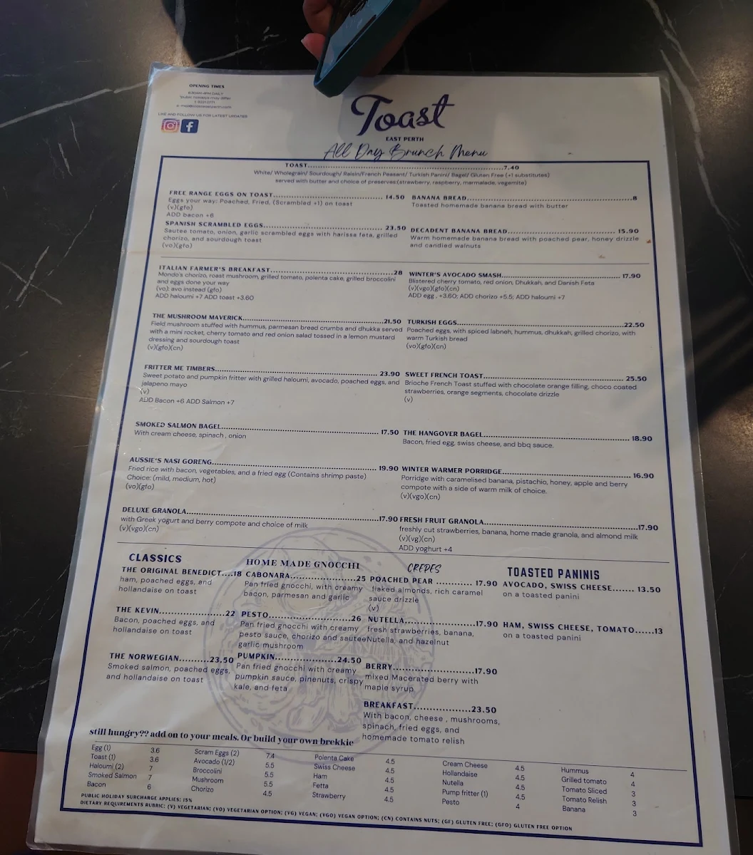 Menu, Toast Cafe