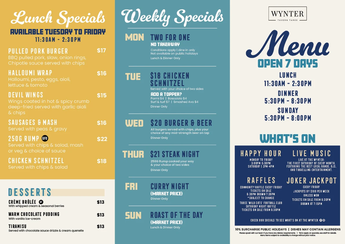 Menu, Wynter Tavern