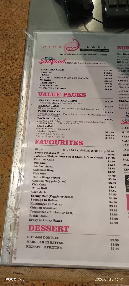 Menu, Pink Flake Best Fish and Chips