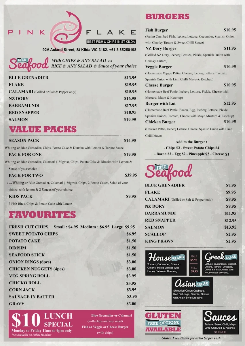 Menu, Pink Flake Best Fish and Chips