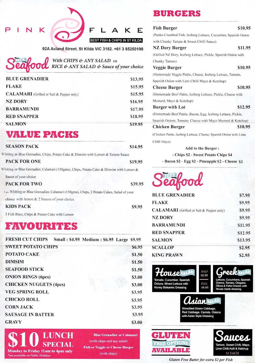 Menu, Pink Flake Best Fish and Chips