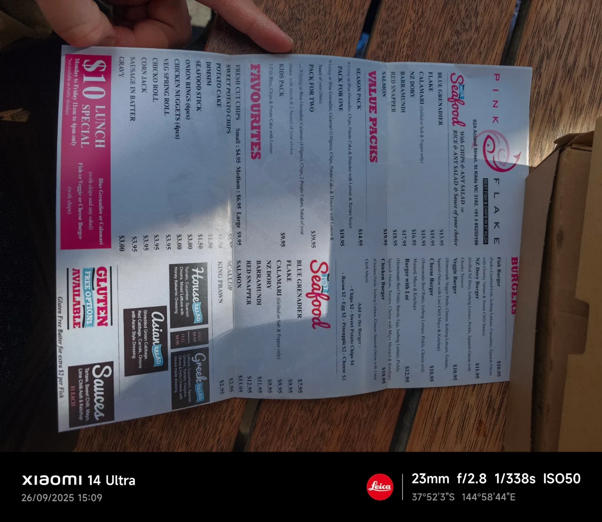 Menu, Pink Flake Best Fish and Chips