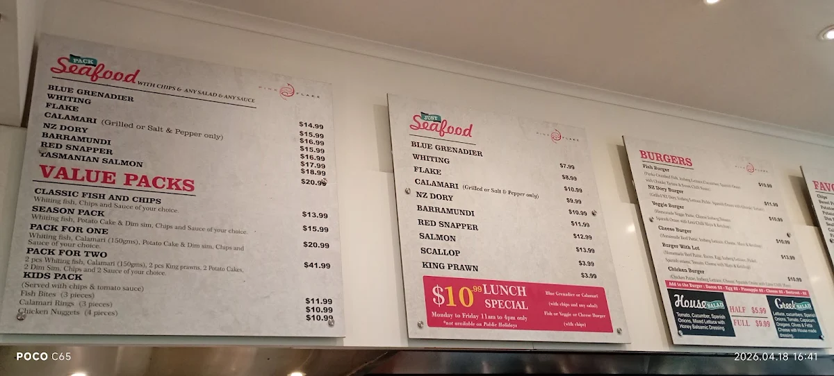 Menu, Pink Flake Best Fish and Chips