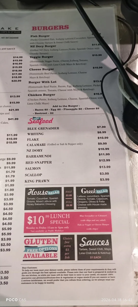 Menu, Pink Flake Best Fish and Chips